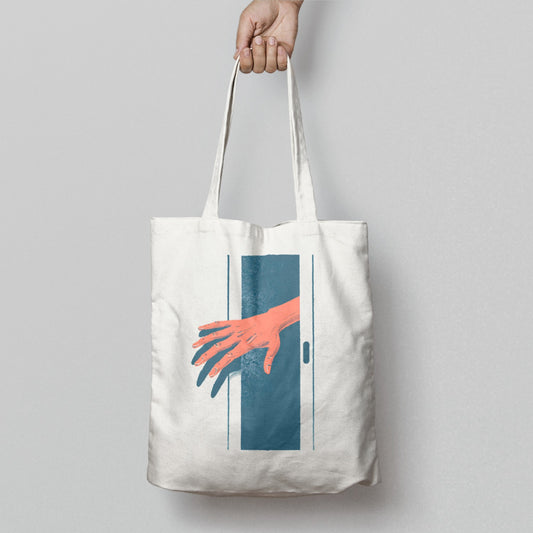 Artistic Hand Reaching Through Door Print Tote Bag