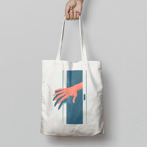 Artistic Hand Reaching Through Door Print Tote Bag
