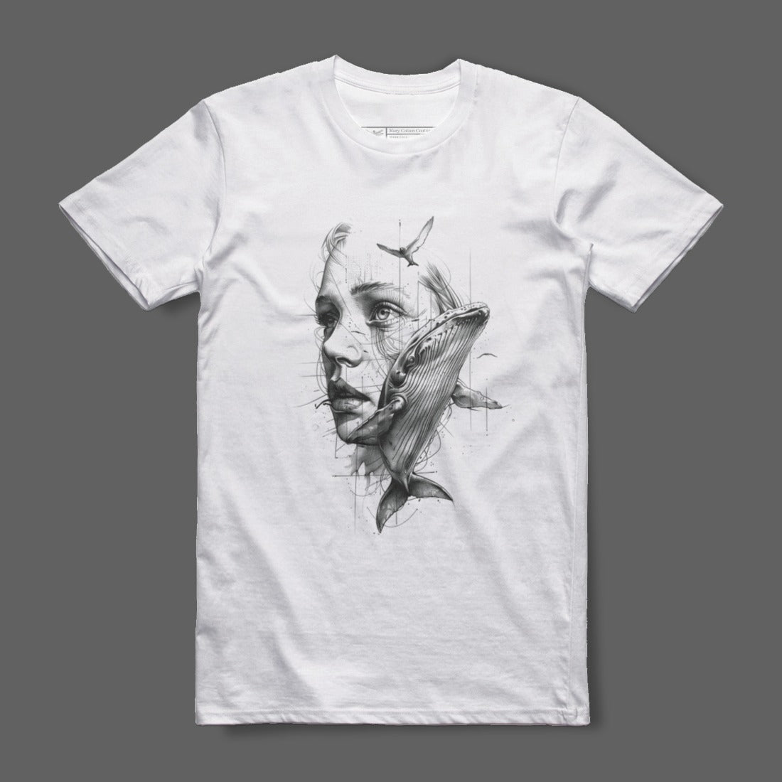 Artistic Face and Whale Design Printed T-Shirt