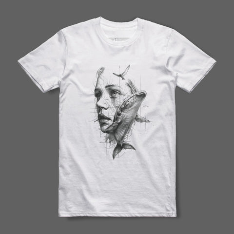 Artistic Face and Whale Design Printed T-Shirt