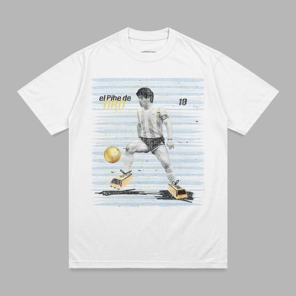 Maradona in soccer jersey playing with ball, "el pihe de oro" text.