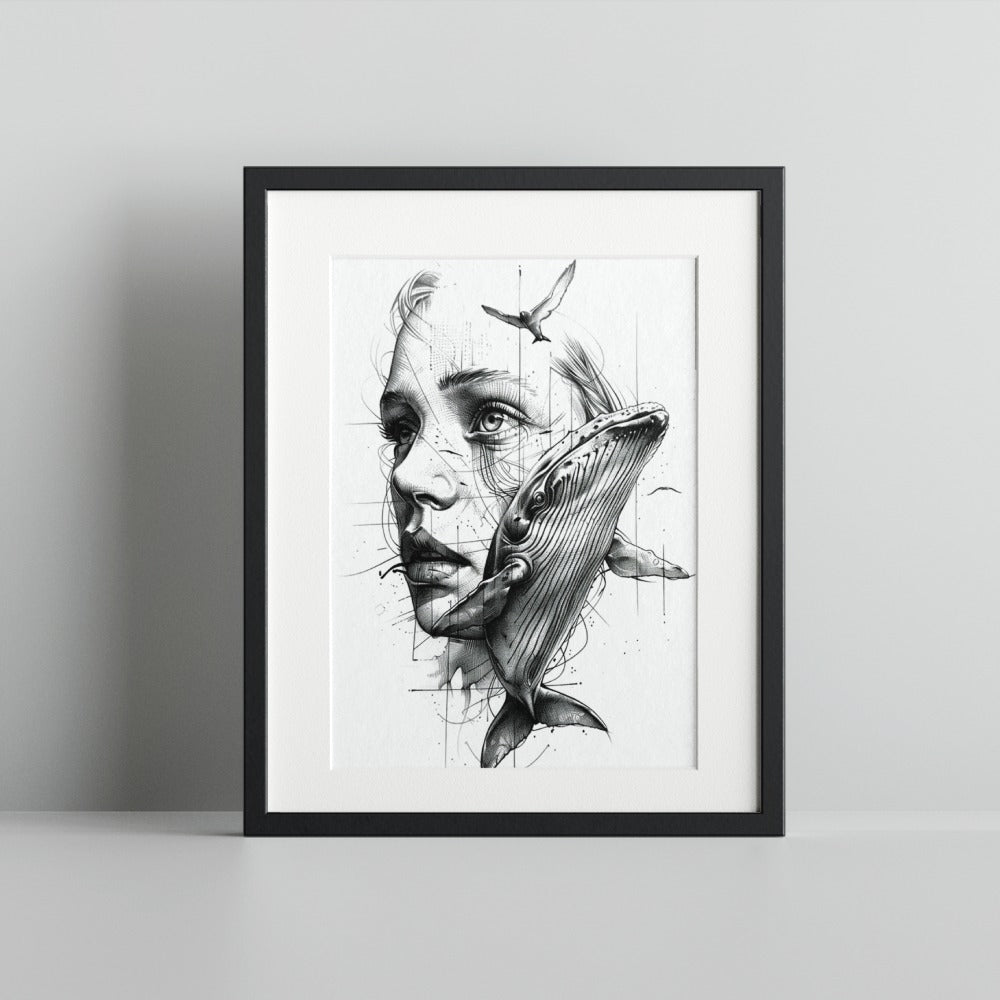 Surreal Female Portrait with Whale Frame Art Print