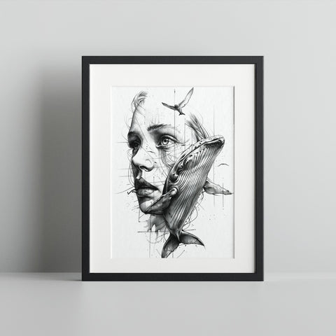 Surreal Female Portrait with Whale Frame Art Print