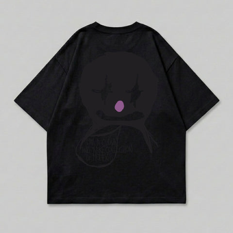 Black t-shirt with a circular purple and pink clown face graphic and text.