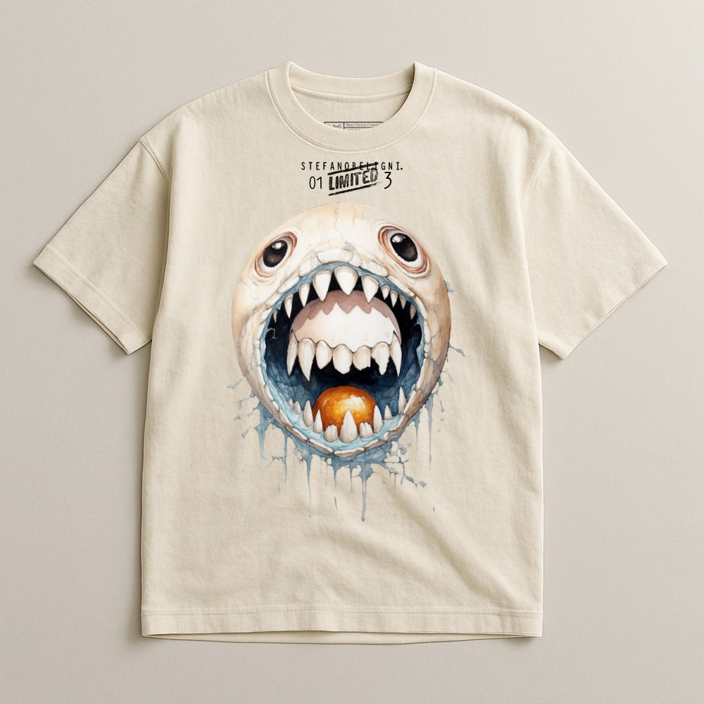 Cream t-shirt with a watercolor-style cartoon monster face and "01 LIMITED 3" text.