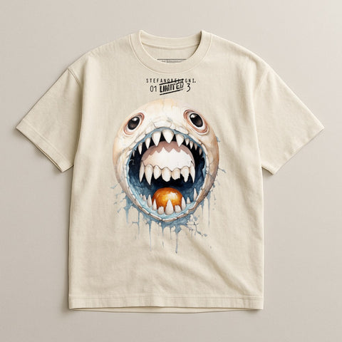 Cream t-shirt with a watercolor-style cartoon monster face and "01 LIMITED 3" text.