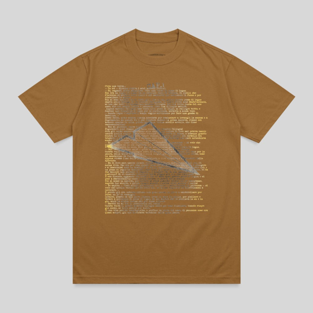 Brown t-shirt with printed text and an airplane silhouette.