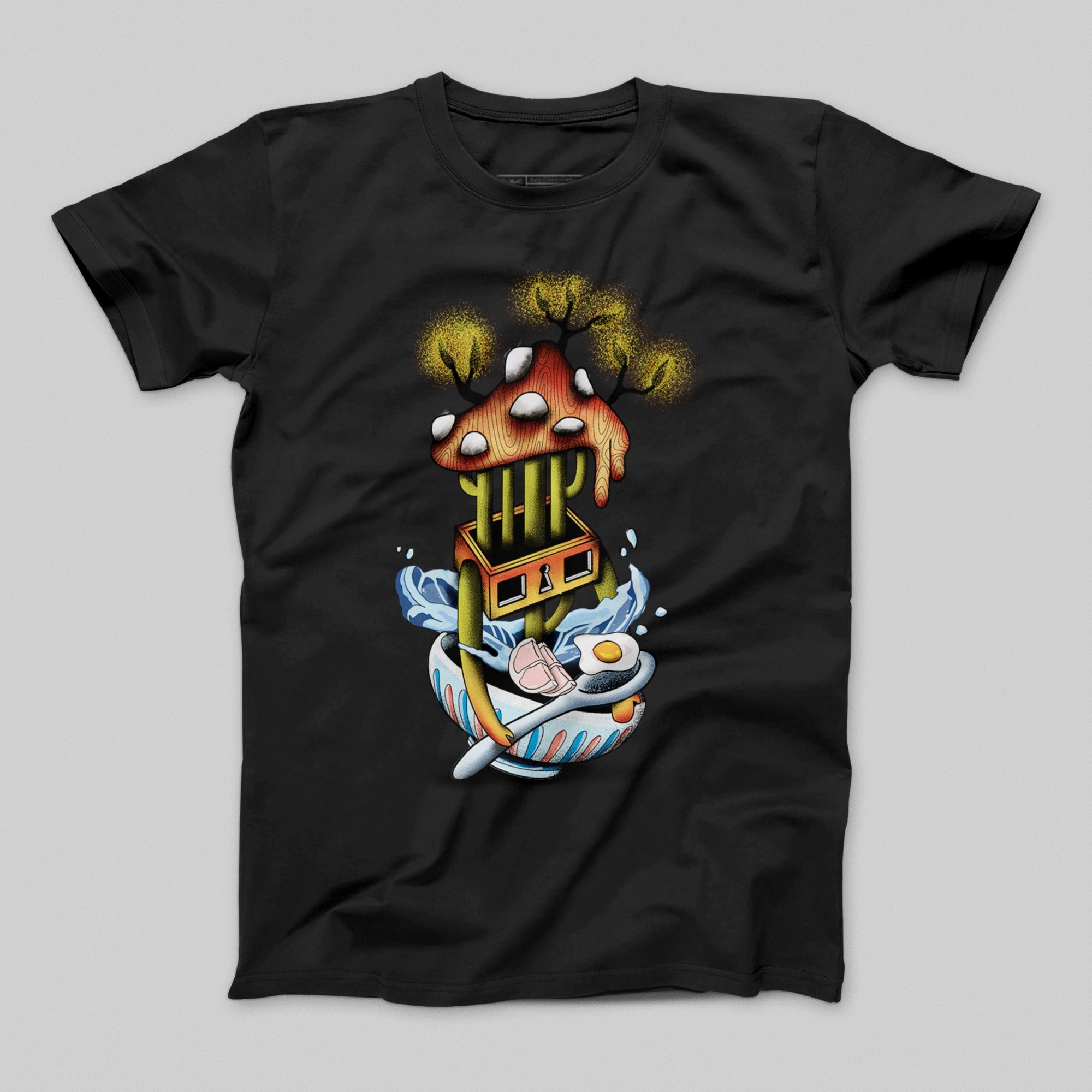 Surreal Mushroom House Black Graphic T-Shirt Product