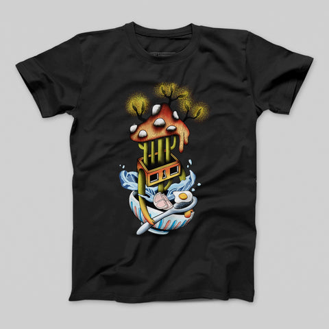 Surreal Mushroom House Black Graphic T-Shirt Product