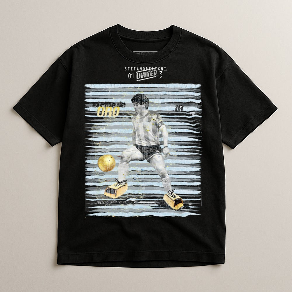 Black t-shirt with graphic of Diego Maradona playing soccer.