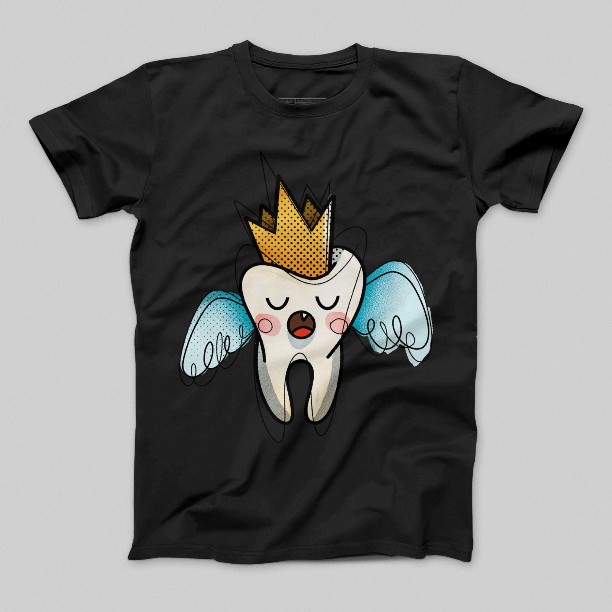 Cute Tooth with Crown and Wings Cartoon Graphic T-shirt
