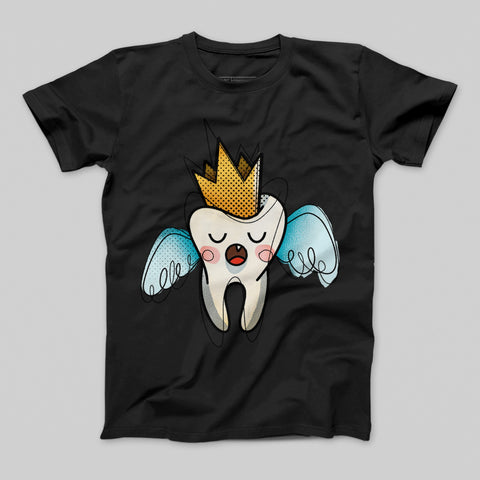 Cute Tooth with Crown and Wings Cartoon Graphic T-shirt