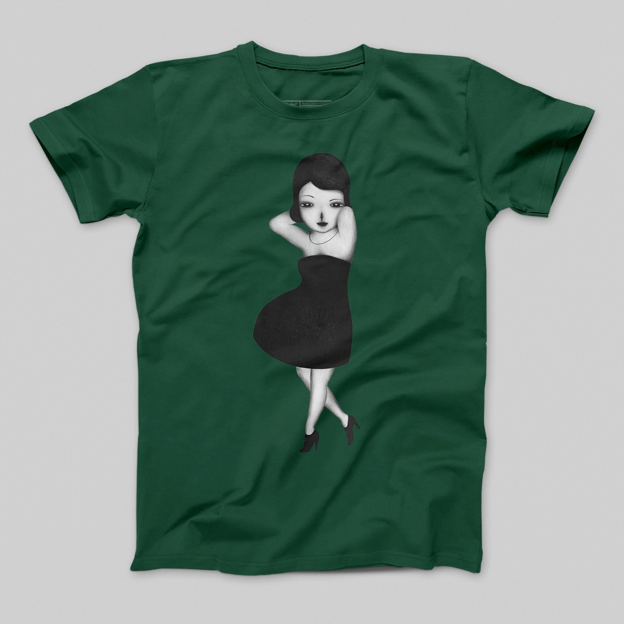 Elegant Woman Illustration on Dark Green T-Shirt
