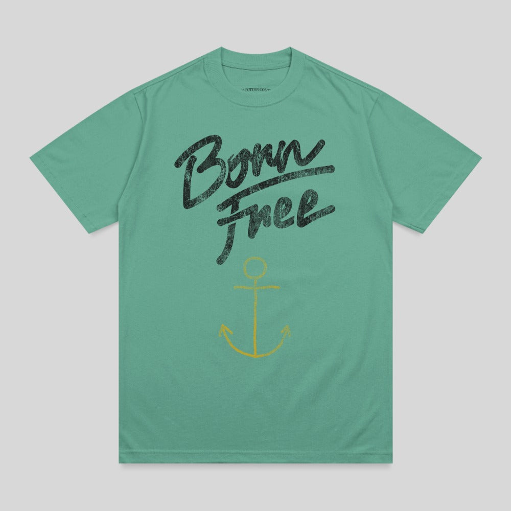 Green t-shirt with black "Born Free" text and yellow anchor graphic.