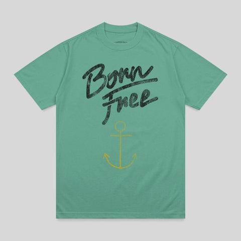 Green t-shirt with black "Born Free" text and yellow anchor graphic.