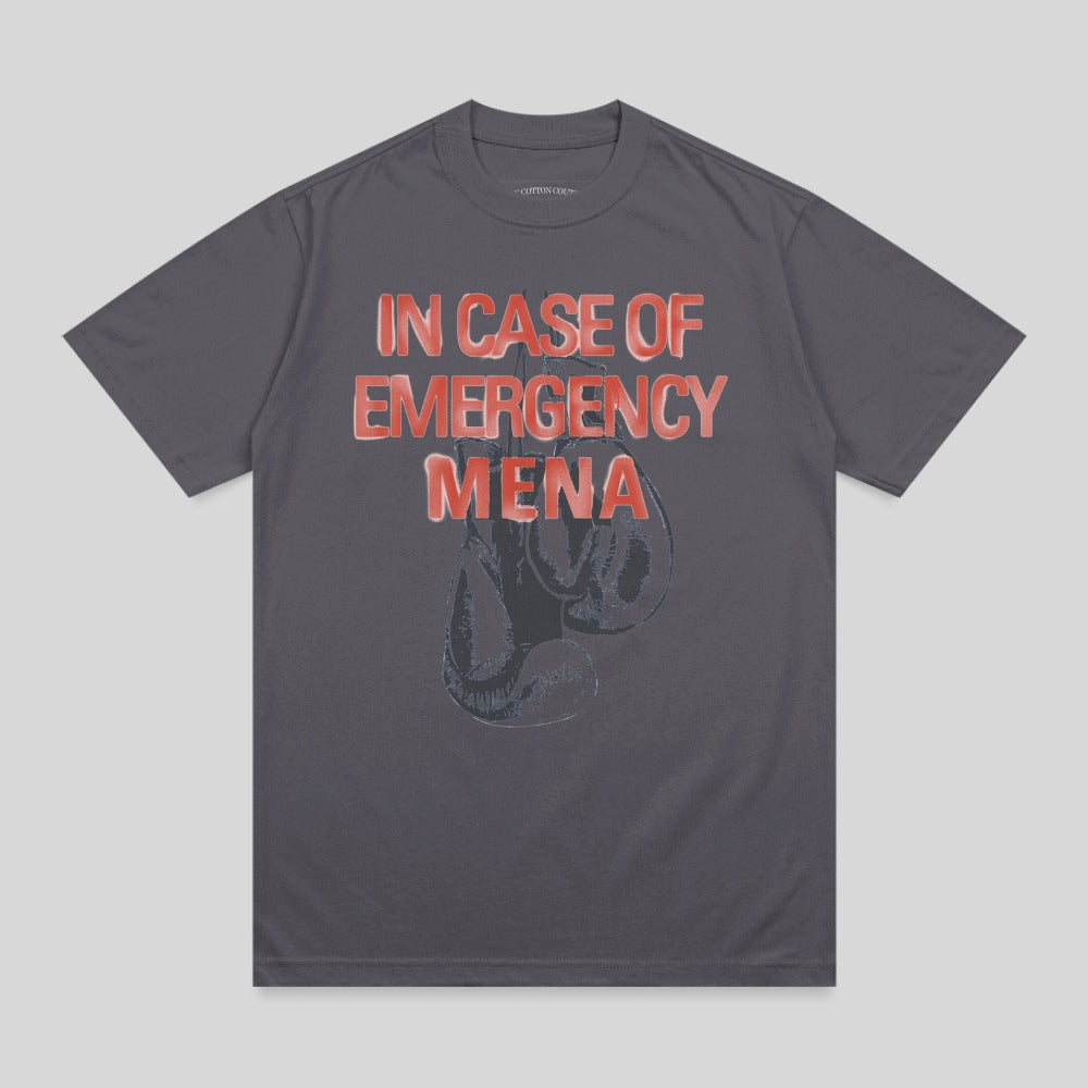 T-shirt with "IN CASE OF EMERGENCY MENA" and boxing gloves graphic.