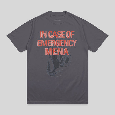 T-shirt with "IN CASE OF EMERGENCY MENA" and boxing gloves graphic.