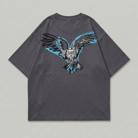 Dark grey t-shirt with a blue and black illustrated owl spread wings graphic on the back.