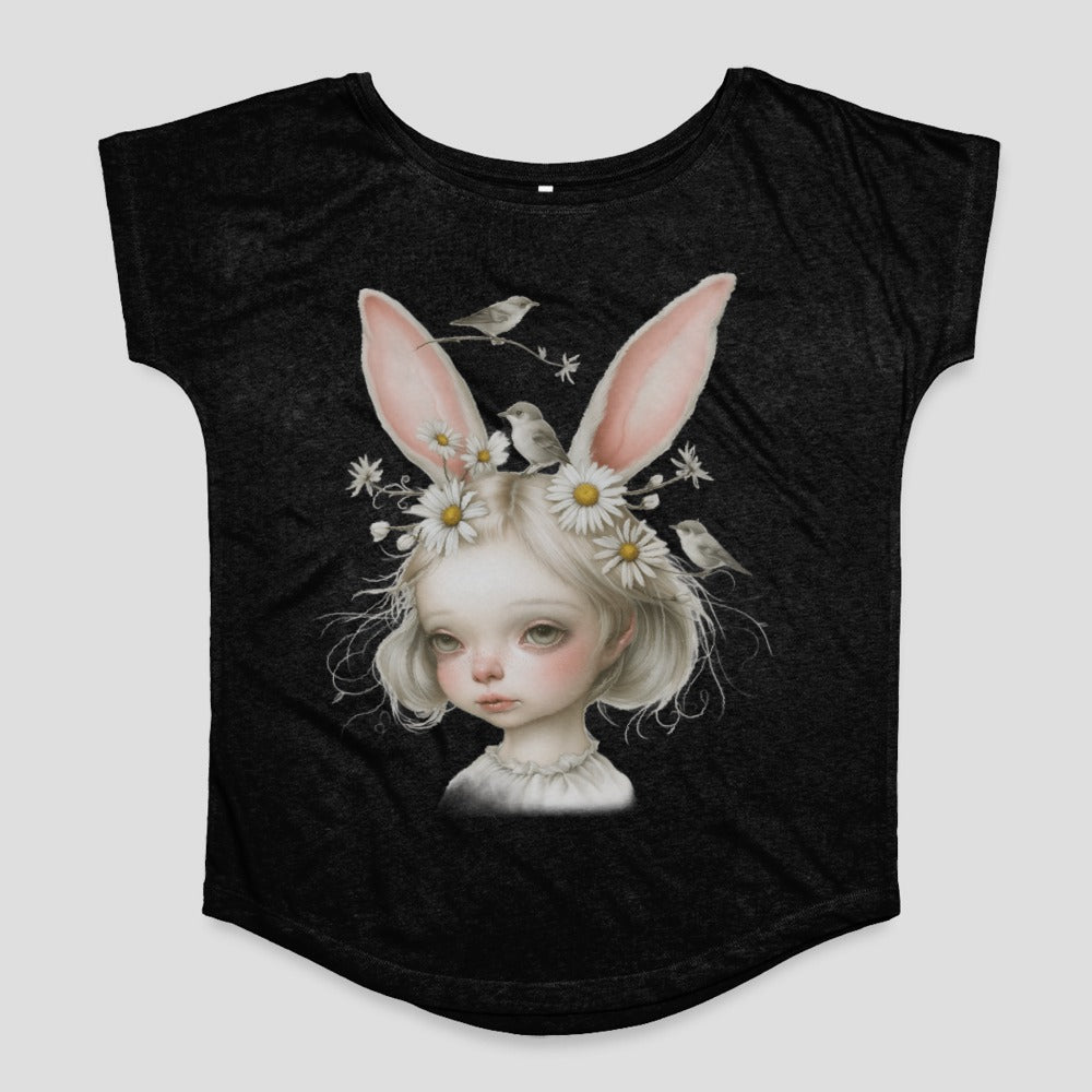 Cute Girl with Bunny Ears and Birds Design Shirt