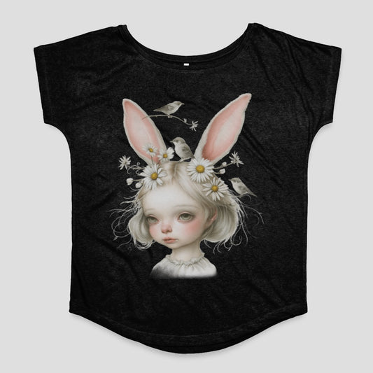 Cute Girl with Bunny Ears and Birds Design Shirt