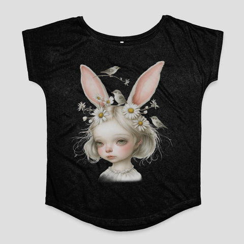 Cute Girl with Bunny Ears and Birds Design Shirt