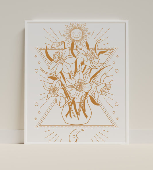 Sun Moon and Flower Illustration Art Print Poster Decor