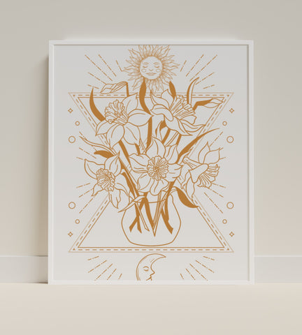 Sun Moon and Flower Illustration Art Print Poster Decor