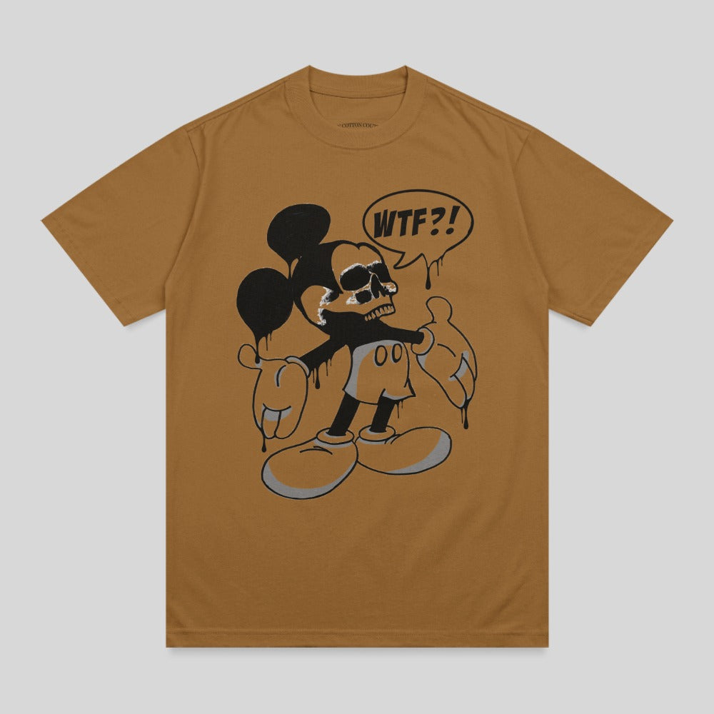 Brown t-shirt with distressed Mickey Mouse graphic saying "WTF?!".