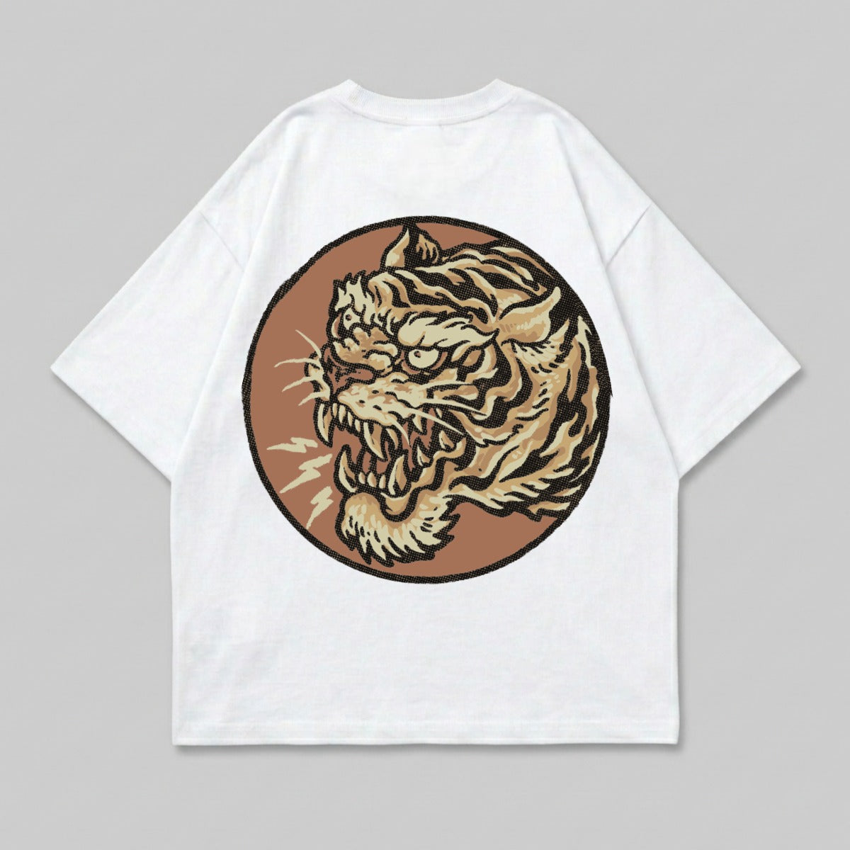 Roaring Tiger Head Circle Design White T-shirt