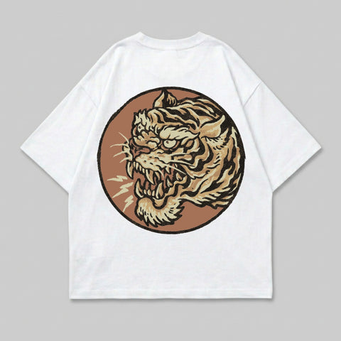 Roaring Tiger Head Circle Design White T-shirt