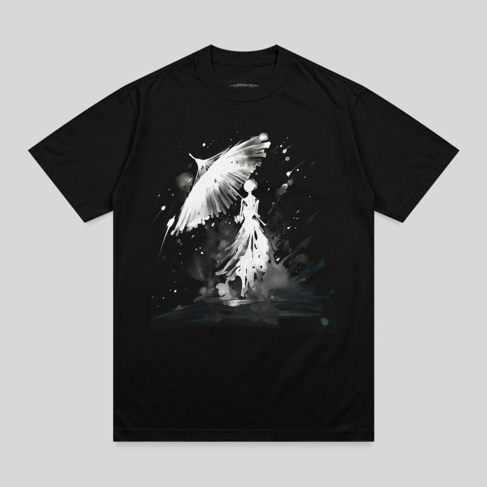 Black shirt ethereal figure white umbrella art t-shirt product type
