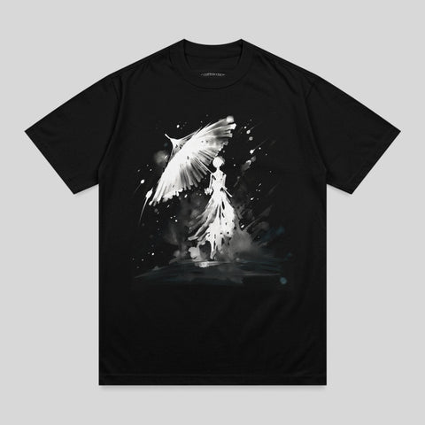 Black shirt ethereal figure white umbrella art t-shirt product type