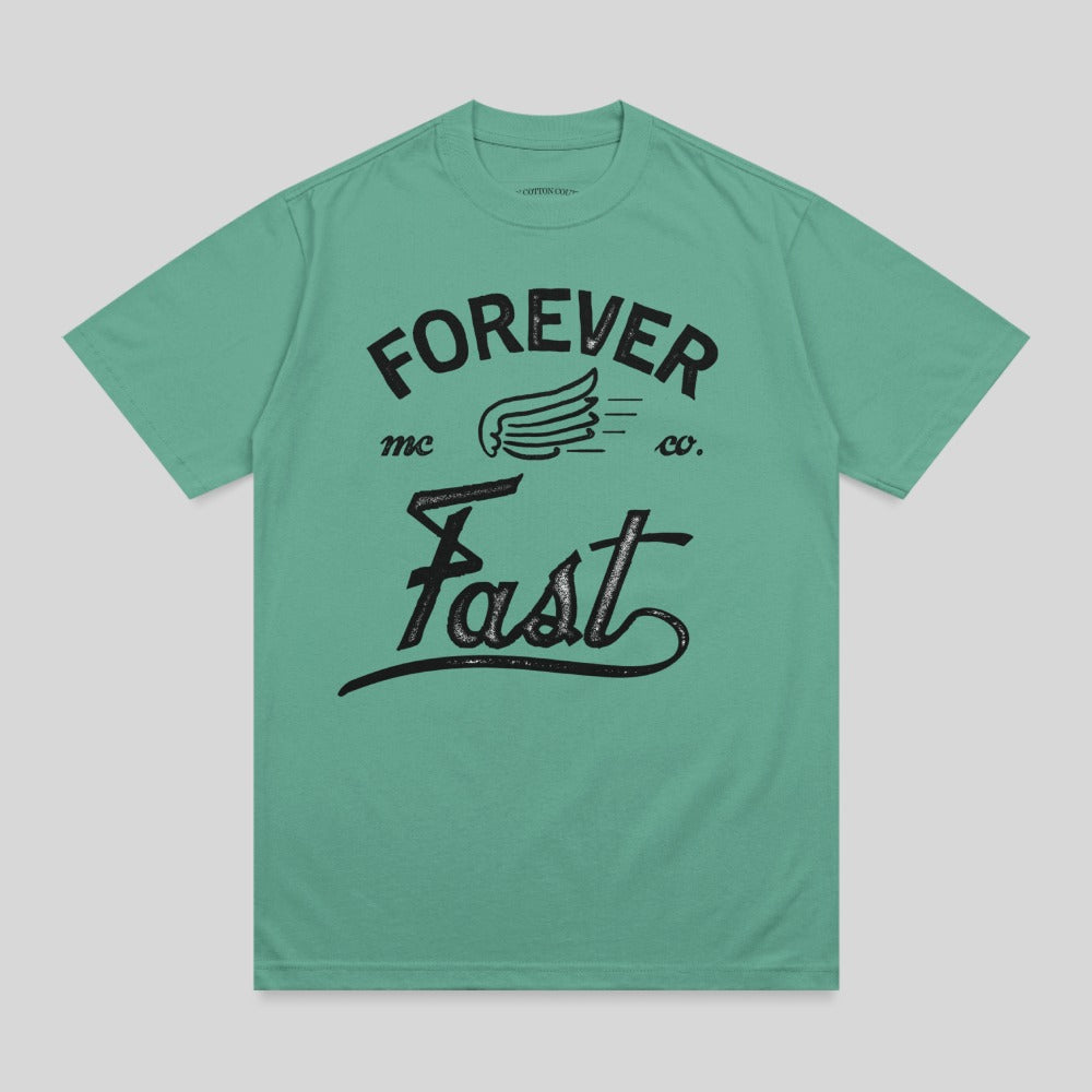 Green t-shirt with "FOREVER Fast mc co." text and wings graphic.