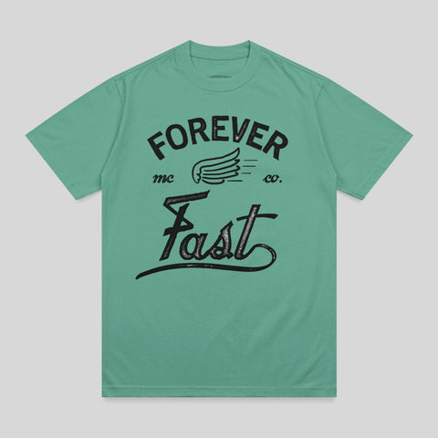 Green t-shirt with "FOREVER Fast mc co." text and wings graphic.