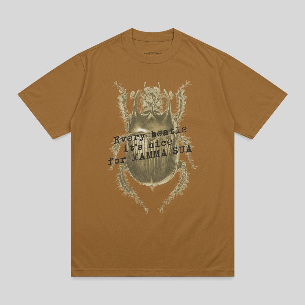 Brown t-shirt with beetle graphic and text "Every beetle it's nice for Mamma Sua".
