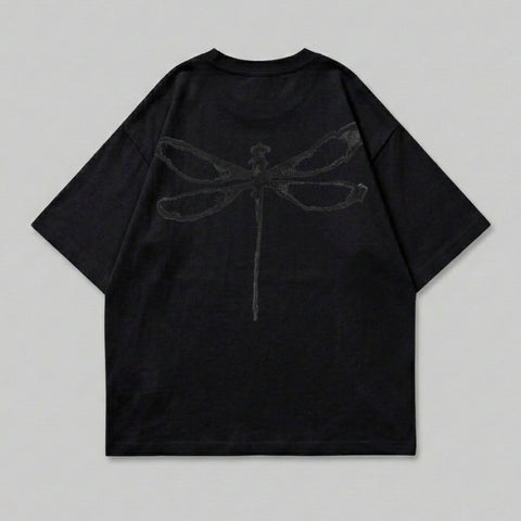 Black t-shirt with a dark gray dragonfly graphic on the back.