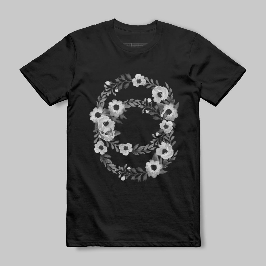Black T-Shirt With Intricate Floral Wreath Design