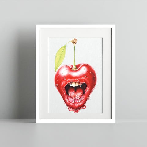Quirky Cherry with Mouth Artwork Print Framed Wall Art