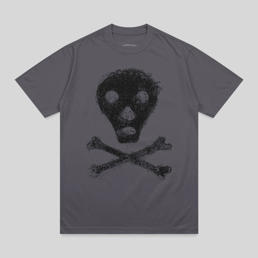 Dark gray t-shirt with black skull and crossbones graphic.