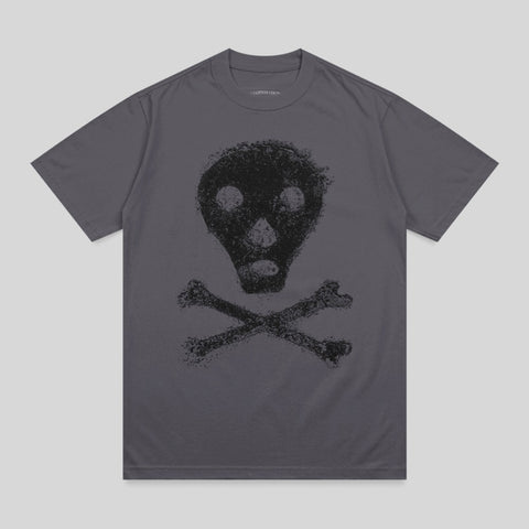Dark gray t-shirt with black skull and crossbones graphic.