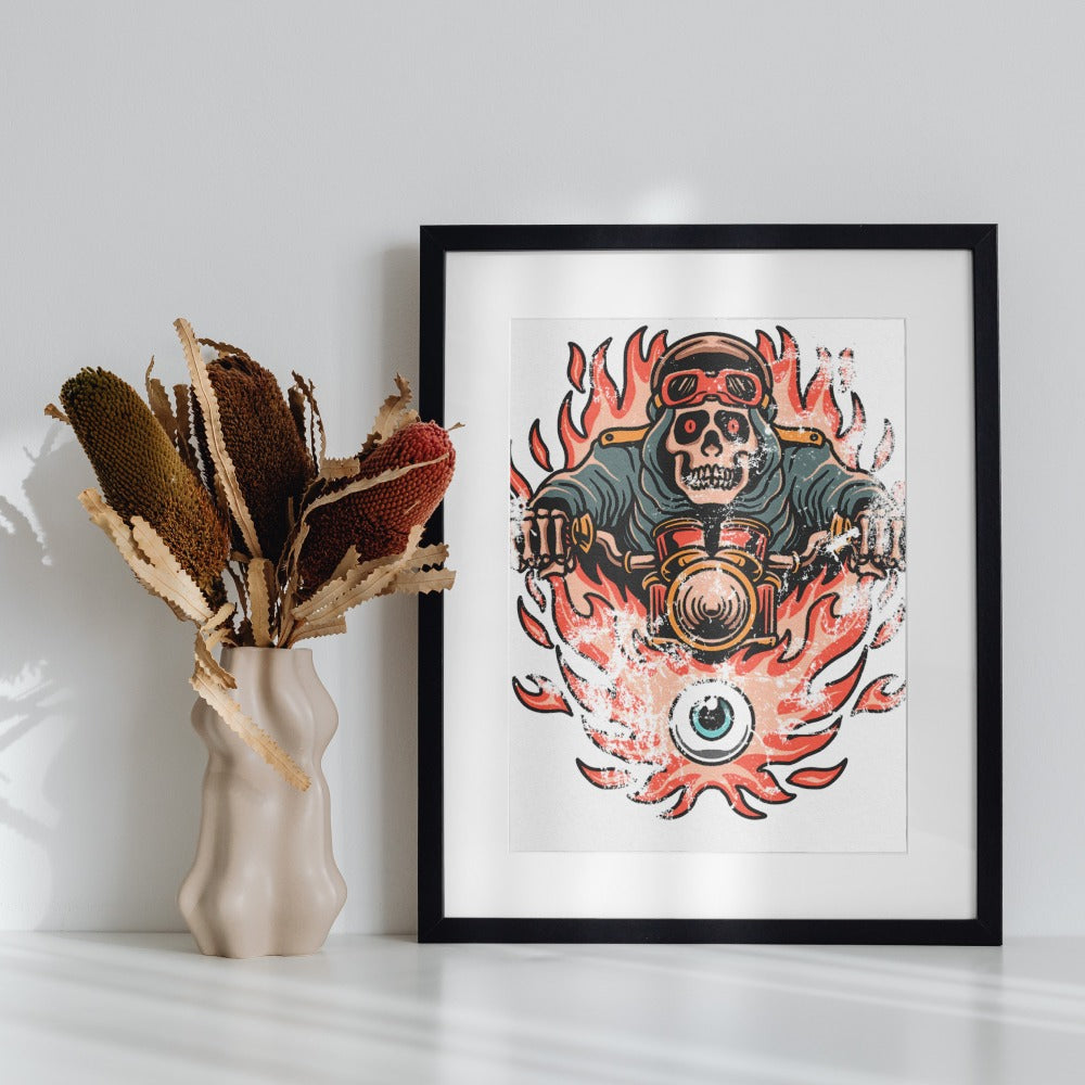 Flaming Skull and Motorbike Art Print for Home Decor