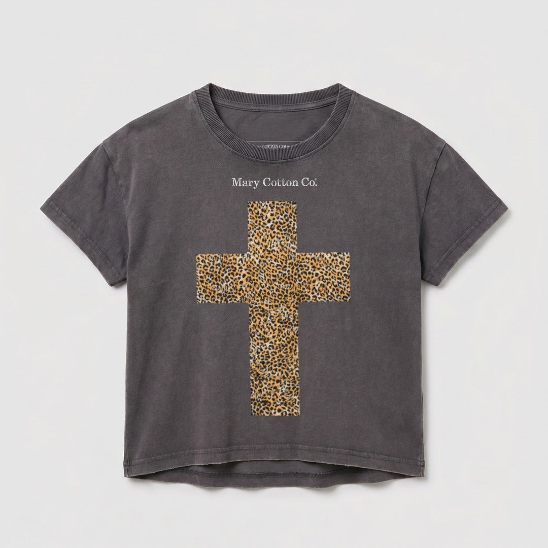 Gray t-shirt with a leopard print cross graphic and "Mary Cotton Co." text.