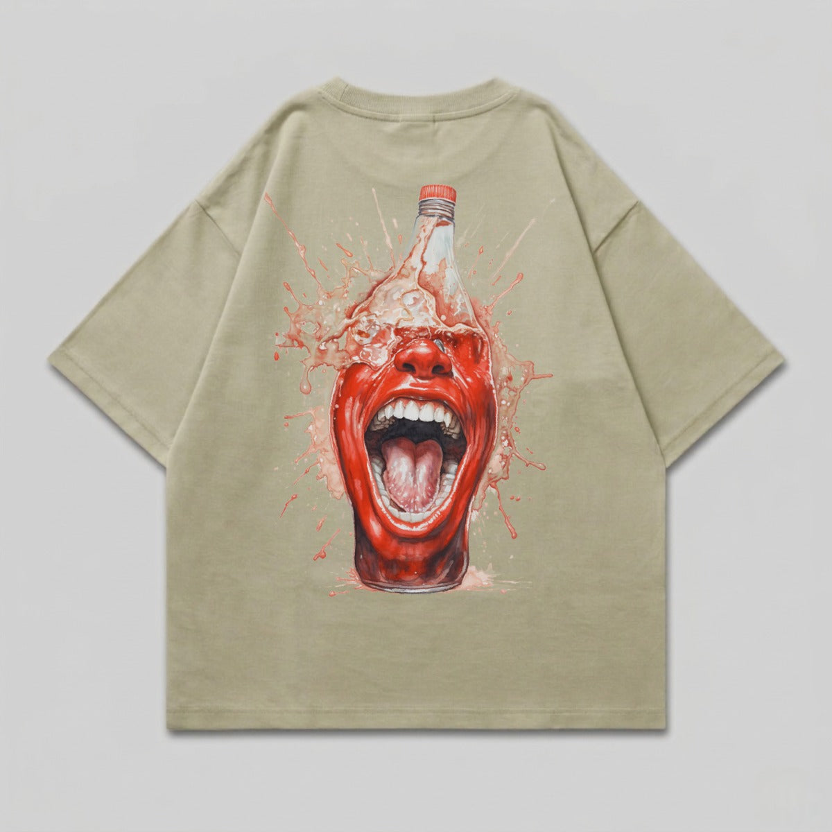 T-shirt with a graphic of a screaming mouth emerging from a splashing bottle.