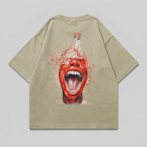 T-shirt with a graphic of a screaming mouth emerging from a splashing bottle.