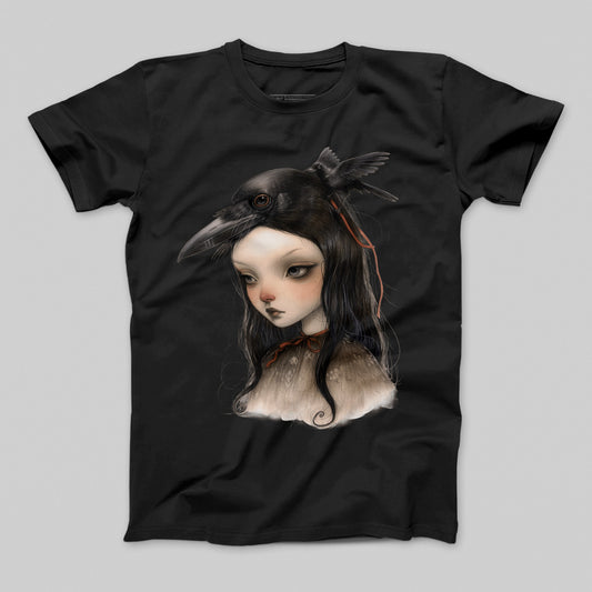 Gothic Girl with Crow Artistic Graphic Tee Shirt