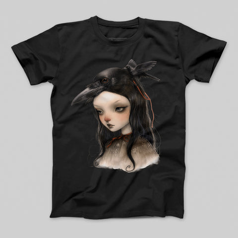 Gothic Girl with Crow Artistic Graphic Tee Shirt