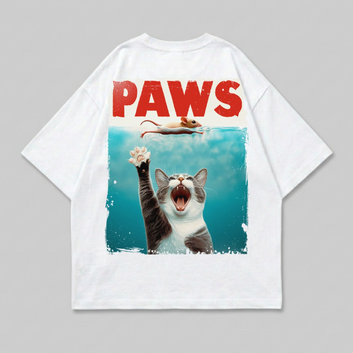 PAWS Cat Mouse Thrill Scene Water Humorous product type
Cat
Mouse
PAWS
Jaws parody
Funny cat
Cat attack
Water design
Hunter cat
Predator
Kitten art
Pet animal
Feline friend
Rodent chase
Graphic design
Illustration
Movie spoof
Humorous
Unique graphic
Retro style
Animal design