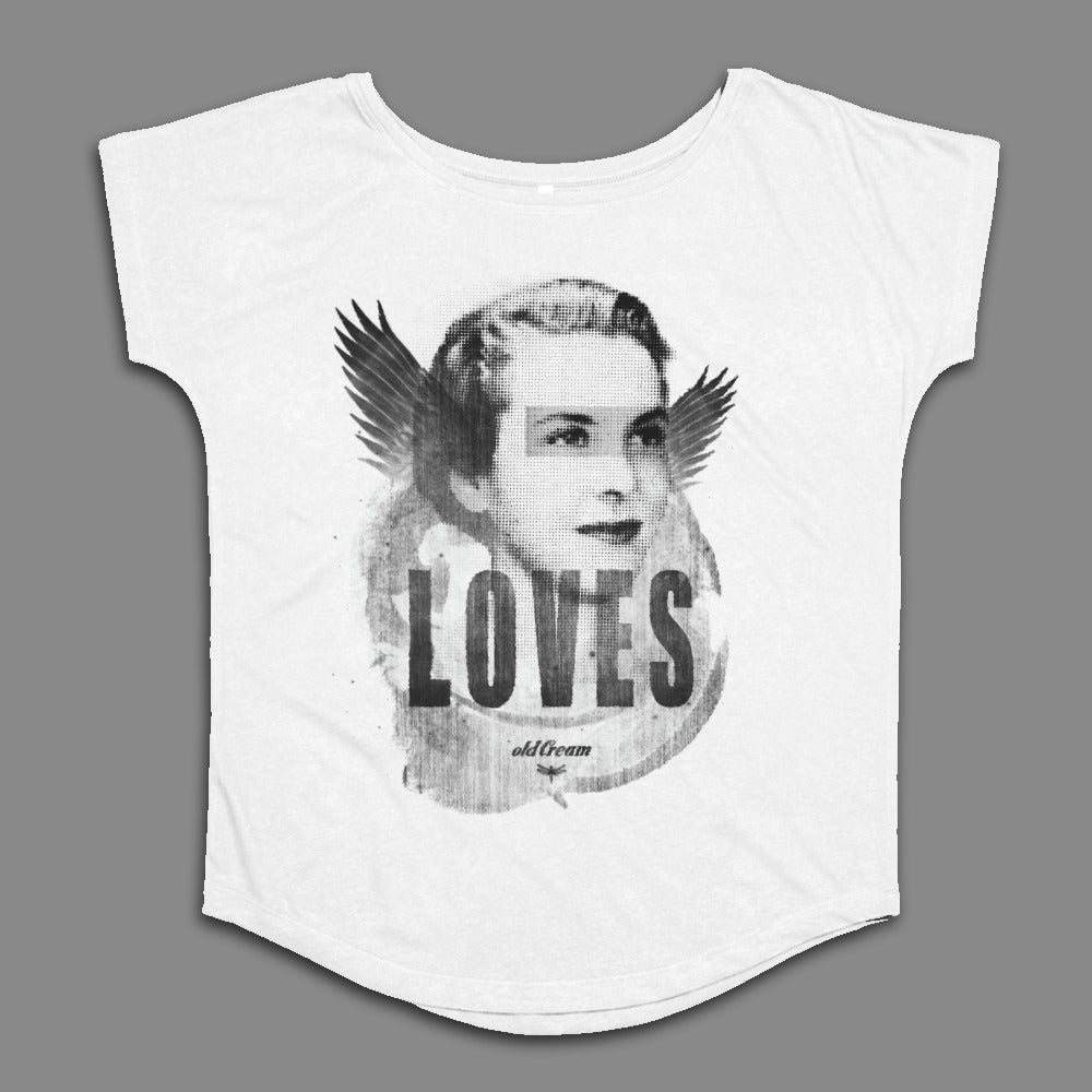 White T-Shirt with Vintage Woman Loves Graphic
