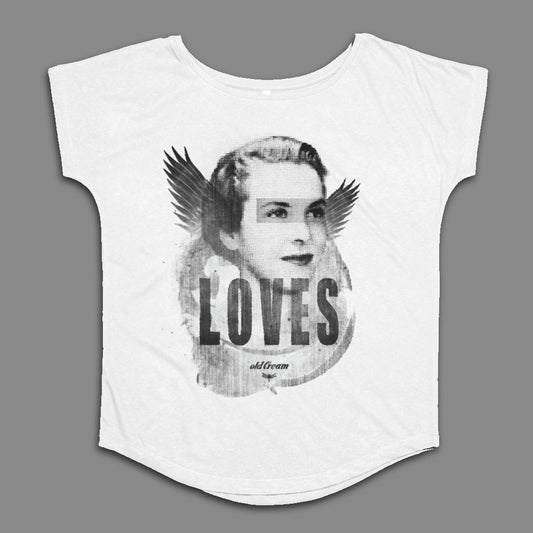 White T-Shirt with Vintage Woman Loves Graphic
