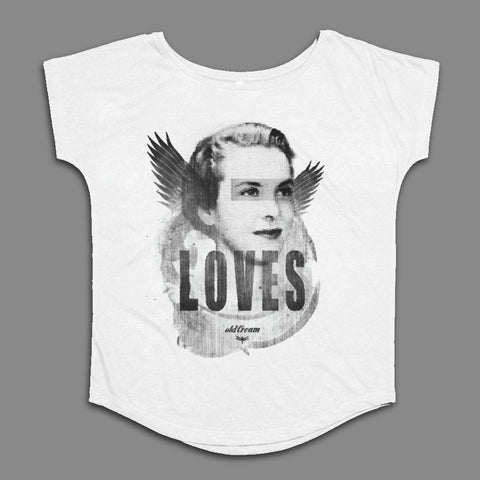 White T-Shirt with Vintage Woman Loves Graphic